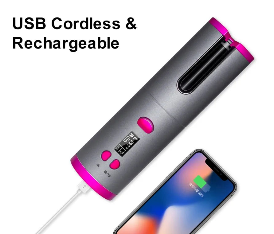 Golden cordless USB rechargeable curling iron with digital display and black flannel storage bag