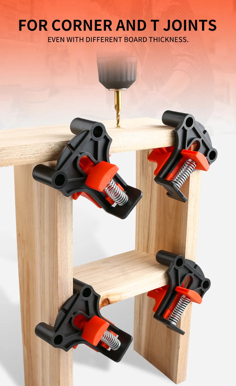 Four plastic 90-degree right angle clips for picture frame assembly and woodworking