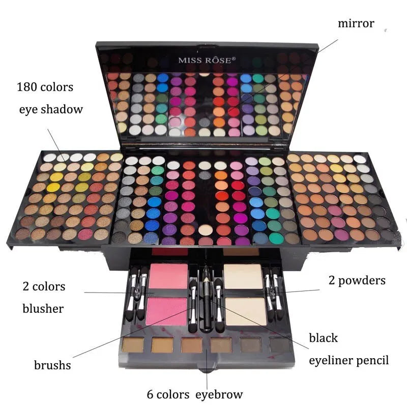 Piano-shaped makeup palette box showing 190 colour pans including eyeshadows, blush and contour powders