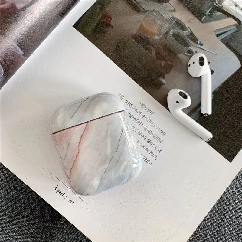 White Marble pattern hard PC protective cover for Apple AirPods 1 and 2 charging case.