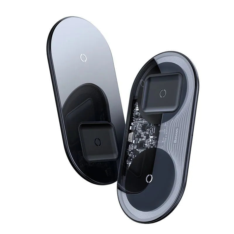 Two-in-one wireless charger, black aluminium and tempered glass, with charging light indicator, on a desk