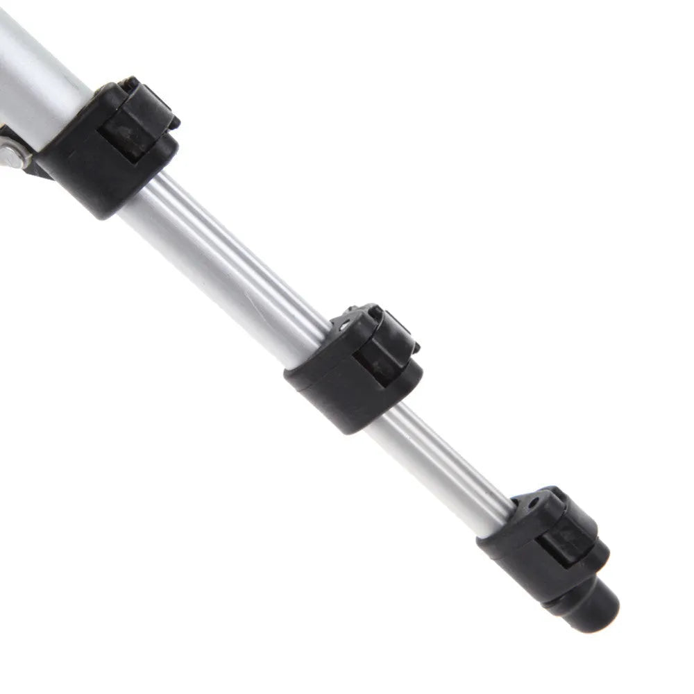 White aluminium alloy compact portable camera tripod with 4-section legs and PTZ set, folded for travel