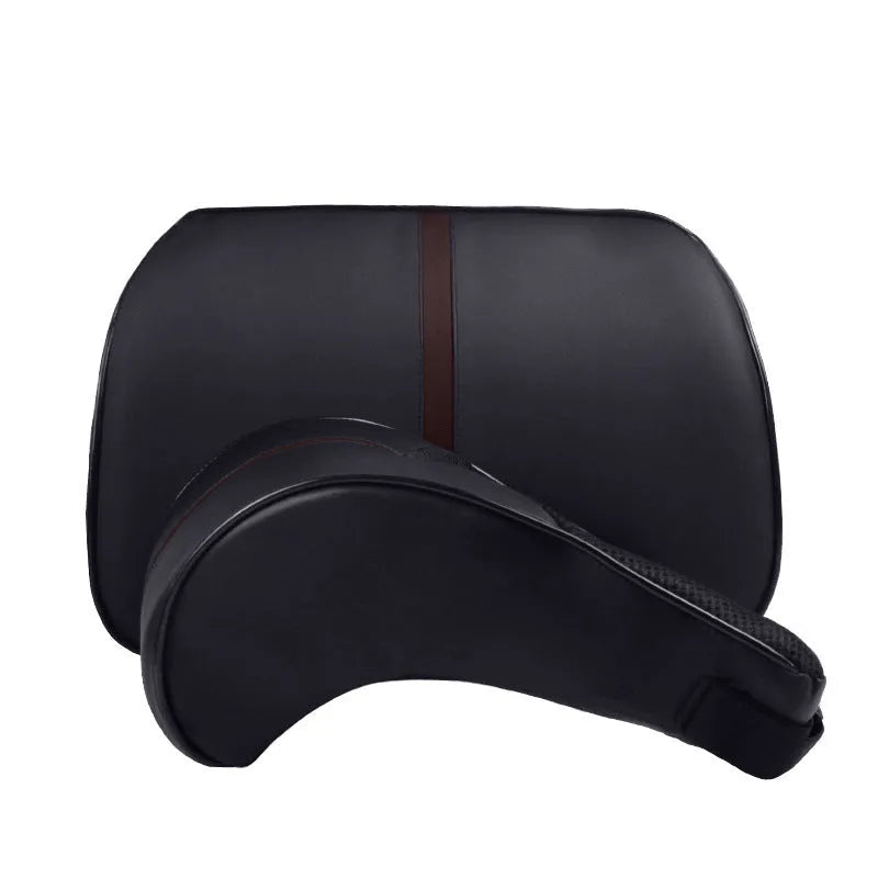 A solid-colour memory foam car cushion, shown as both a headrest pillow and a lumbar support, in a neutral brown shade.