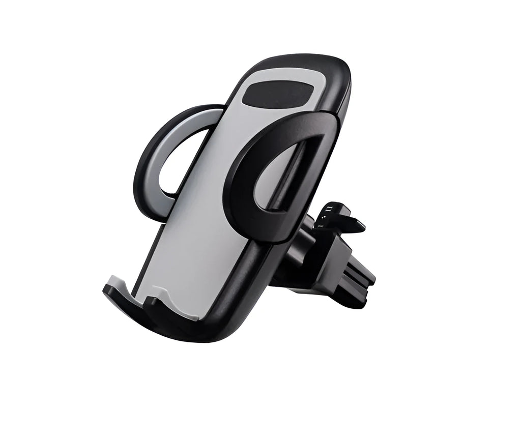 Black car phone holder clipped to air conditioning vent with smartphone secured in adjustable bracket