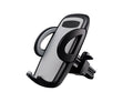 Black car phone holder clipped to air conditioning vent with smartphone secured in adjustable bracket