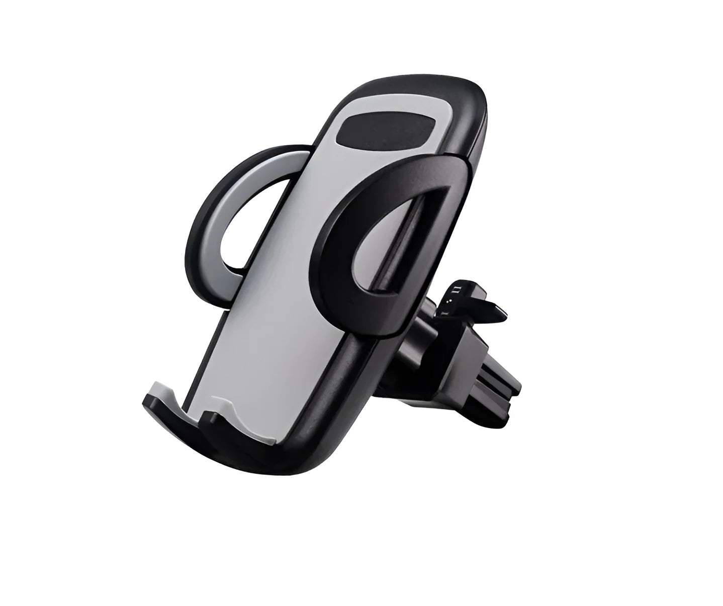 Black car phone holder clipped to air conditioning vent with smartphone secured in adjustable bracket