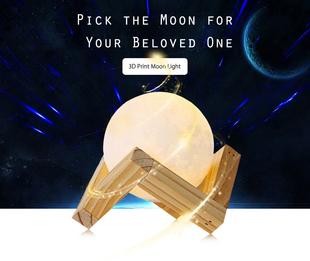 White 3D-printed moon lamp on a wooden stand with a visible textured surface.