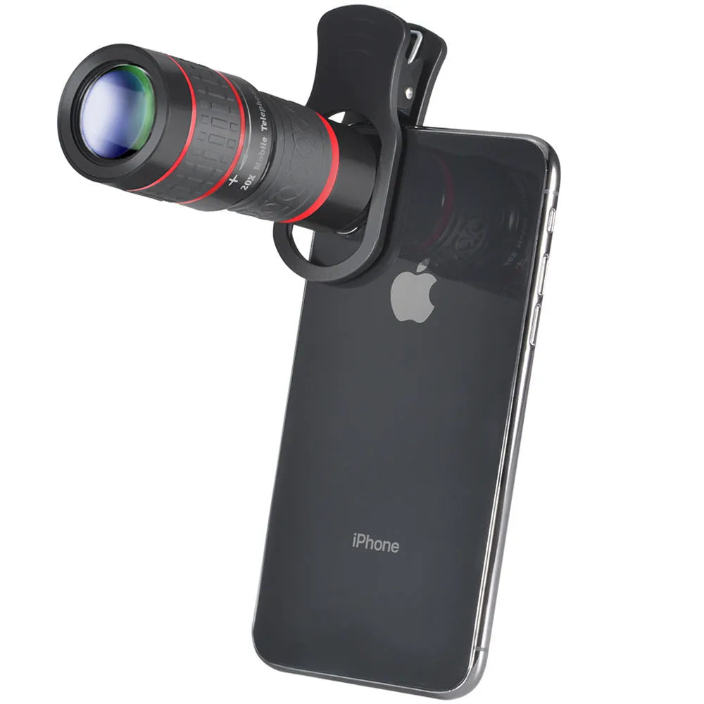 20x magnification mobile phone telescope with universal mounting clip and single eye mask on a white background
