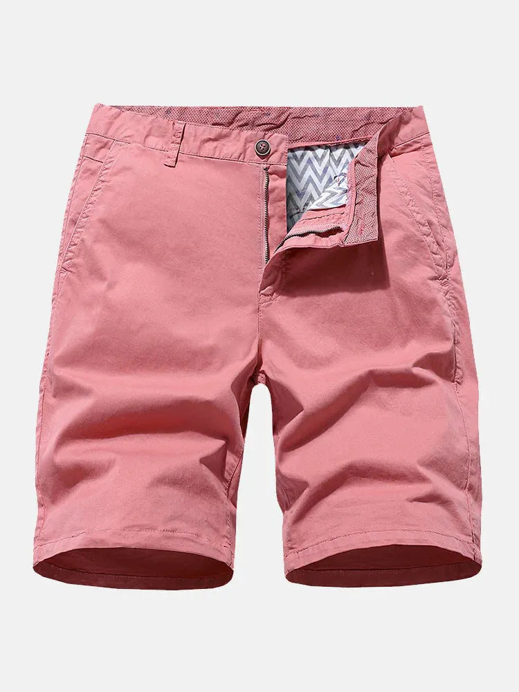 Men's straight-cut denim shorts in blue, shown laid flat, highlighting the no-belt waistband.