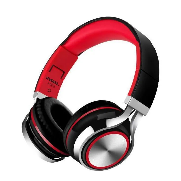 Black folding Bluetooth headset with over-ear cups shown in open and closed positions