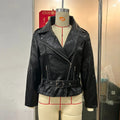 Punk short belt lapel locomotive style jacket in black with a Peter Pan collar.