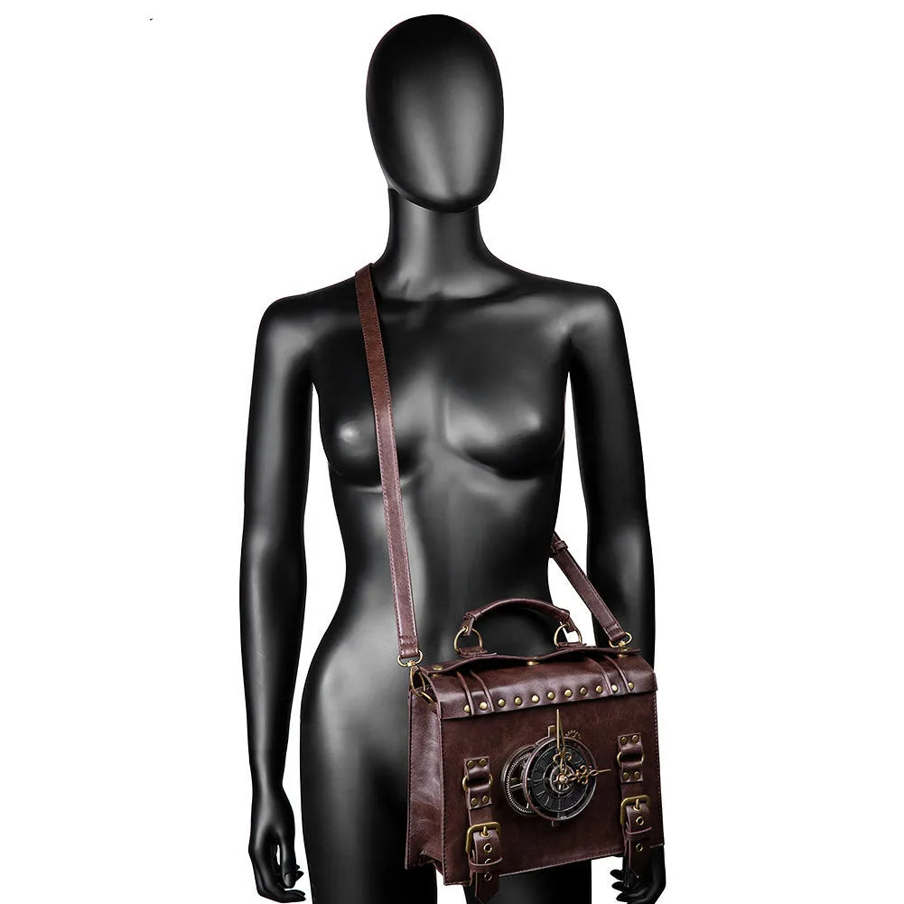 Bronze steampunk shoulder bag with textured PU, metal hardware, and square pillow shape.