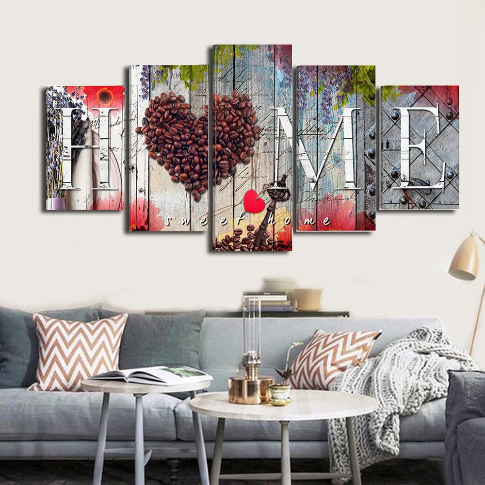 Set of five unframed red oil painting decoration boards in various sizes arranged on a wall.
