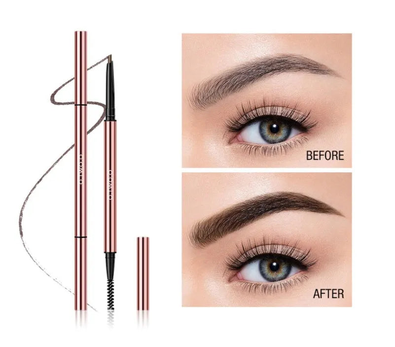 Brow makeup pencil in colour box with six shade options including Auburn, Blonde, Caramel, Dark Brown, Soft Brown, and Taupe.