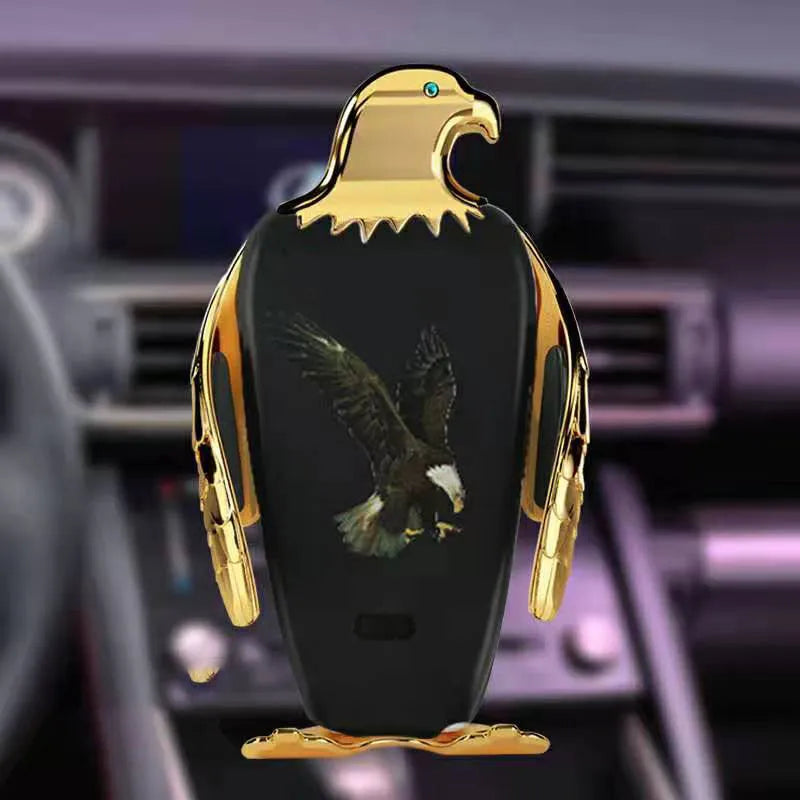 Eagle-style wireless charging car phone holder with suction cup mount in black and gold colour