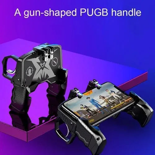 Black multi-function gamepad controller with phone holder and trigger buttons for mobile gaming.