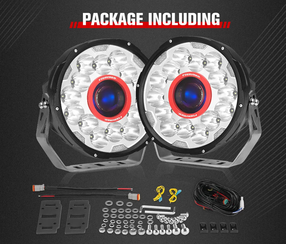 Pair of 7-inch round LED waterproof off-road vehicle lights with red housing