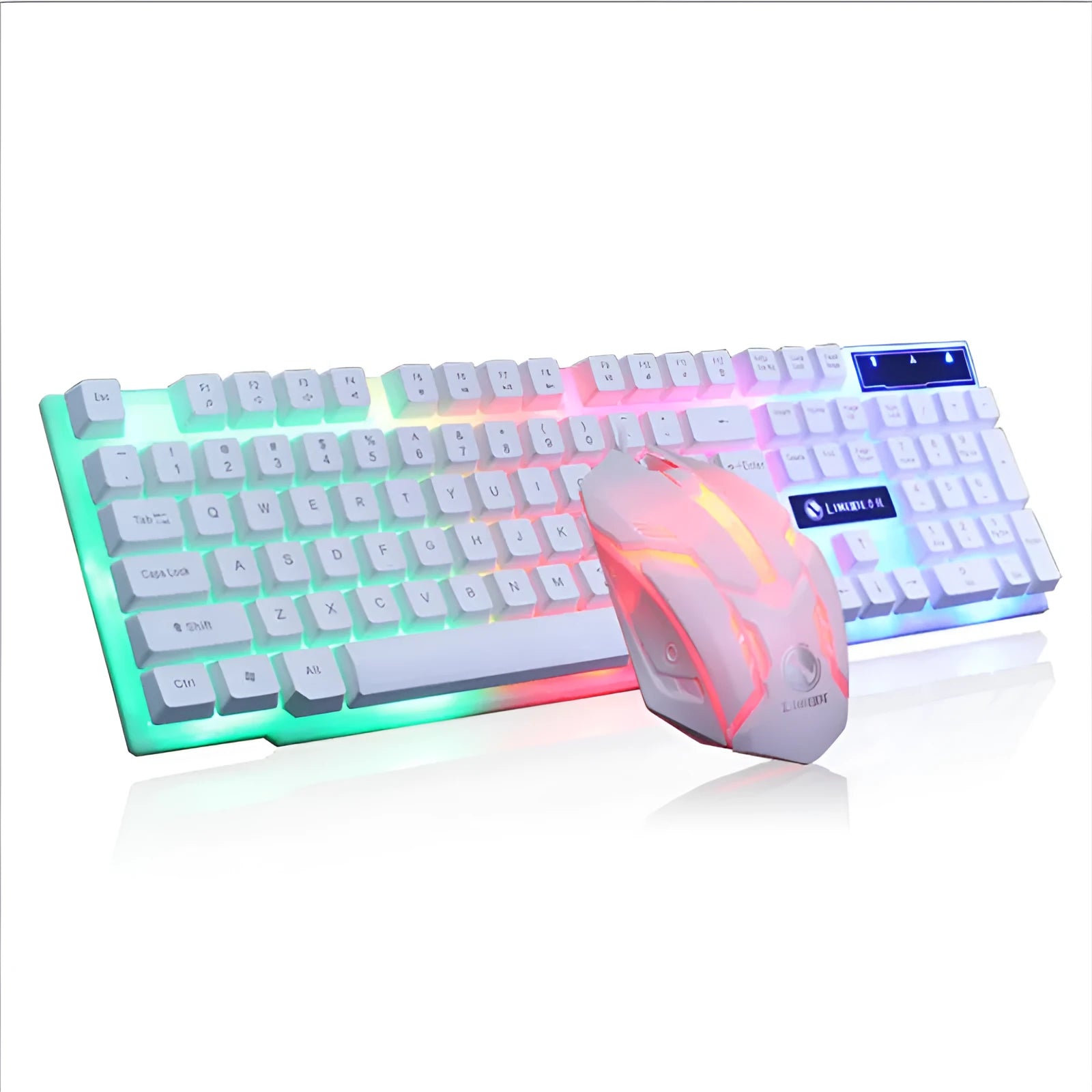 Limei Gtx300 black and white mechanical gaming keyboard and mouse set with backlight on a desktop.