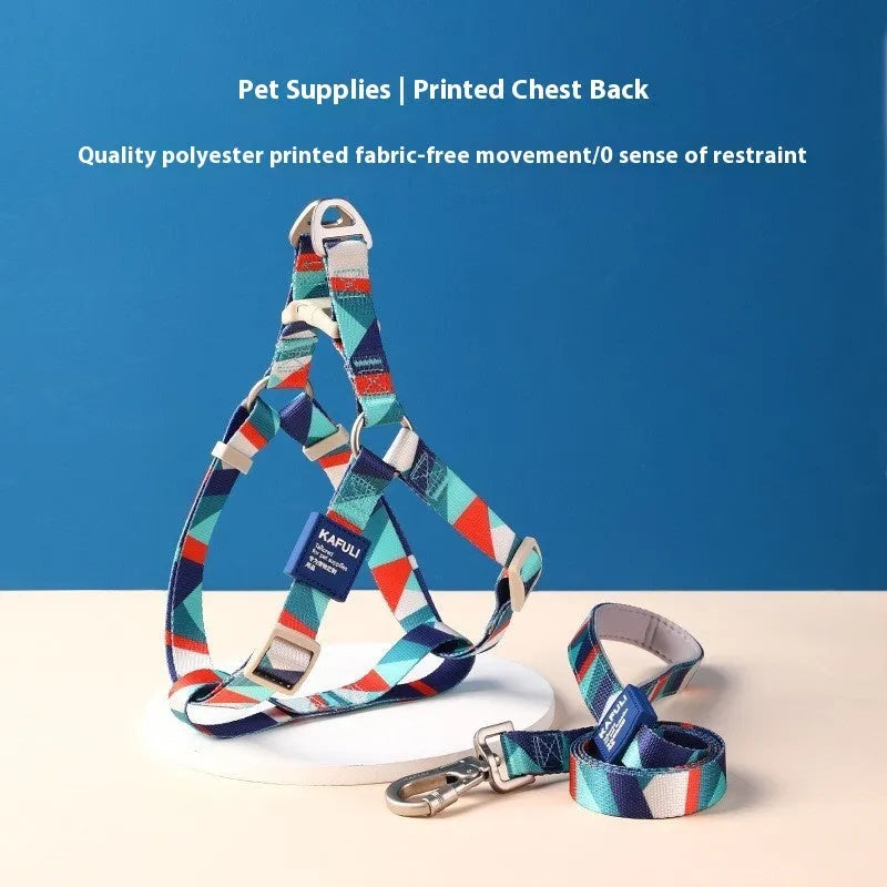 Blue polyester dog vest with attached haulage rope set on adjustable chest strap.