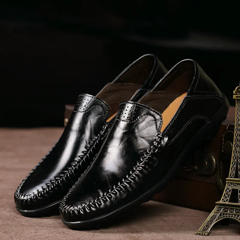 Men's casual leather shoes, genuine leather upper, round toe, slip-on style, black colour