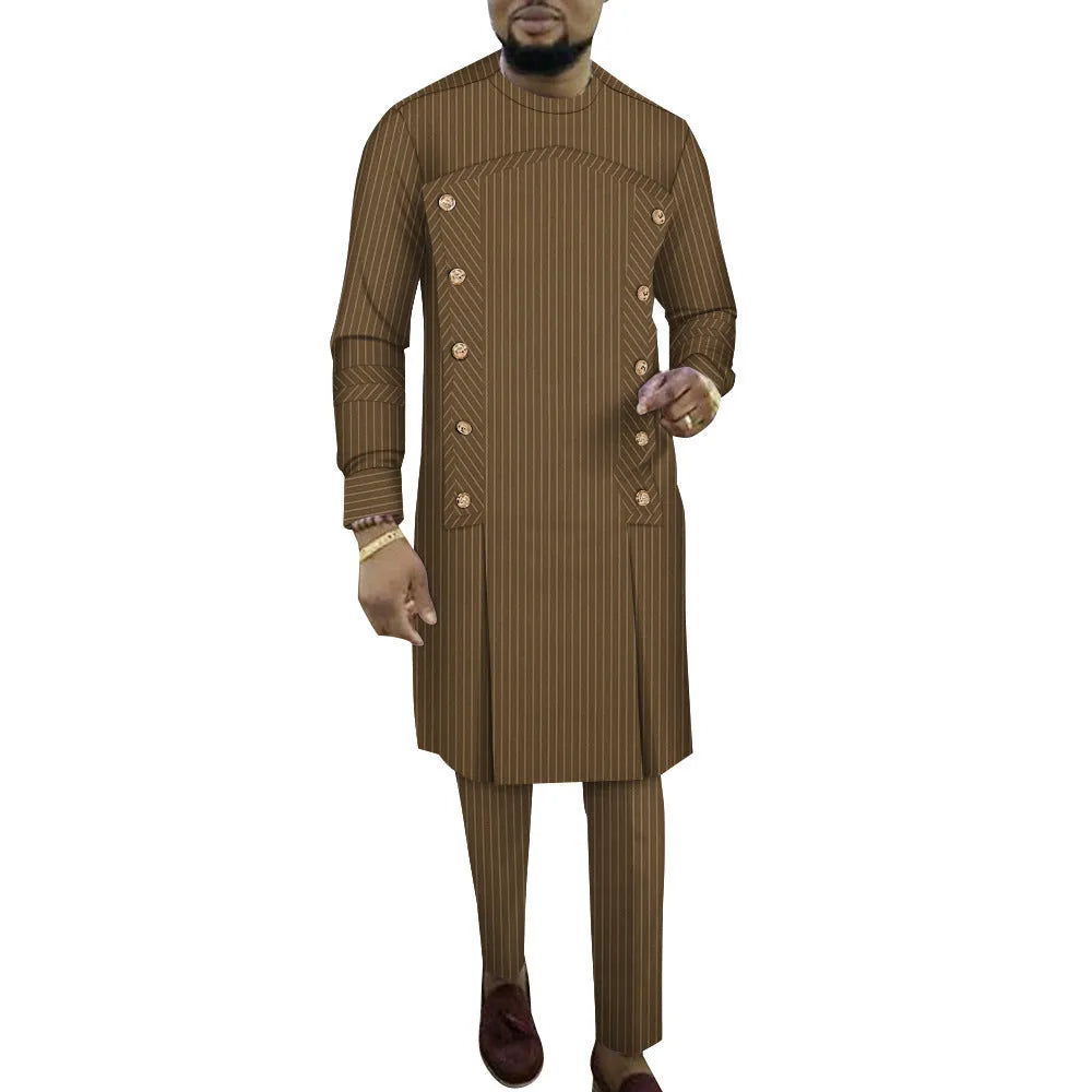 African men's striped cotton robe two-piece set in a grey and black stripe pattern, showing long sleeve top and full-length trousers.