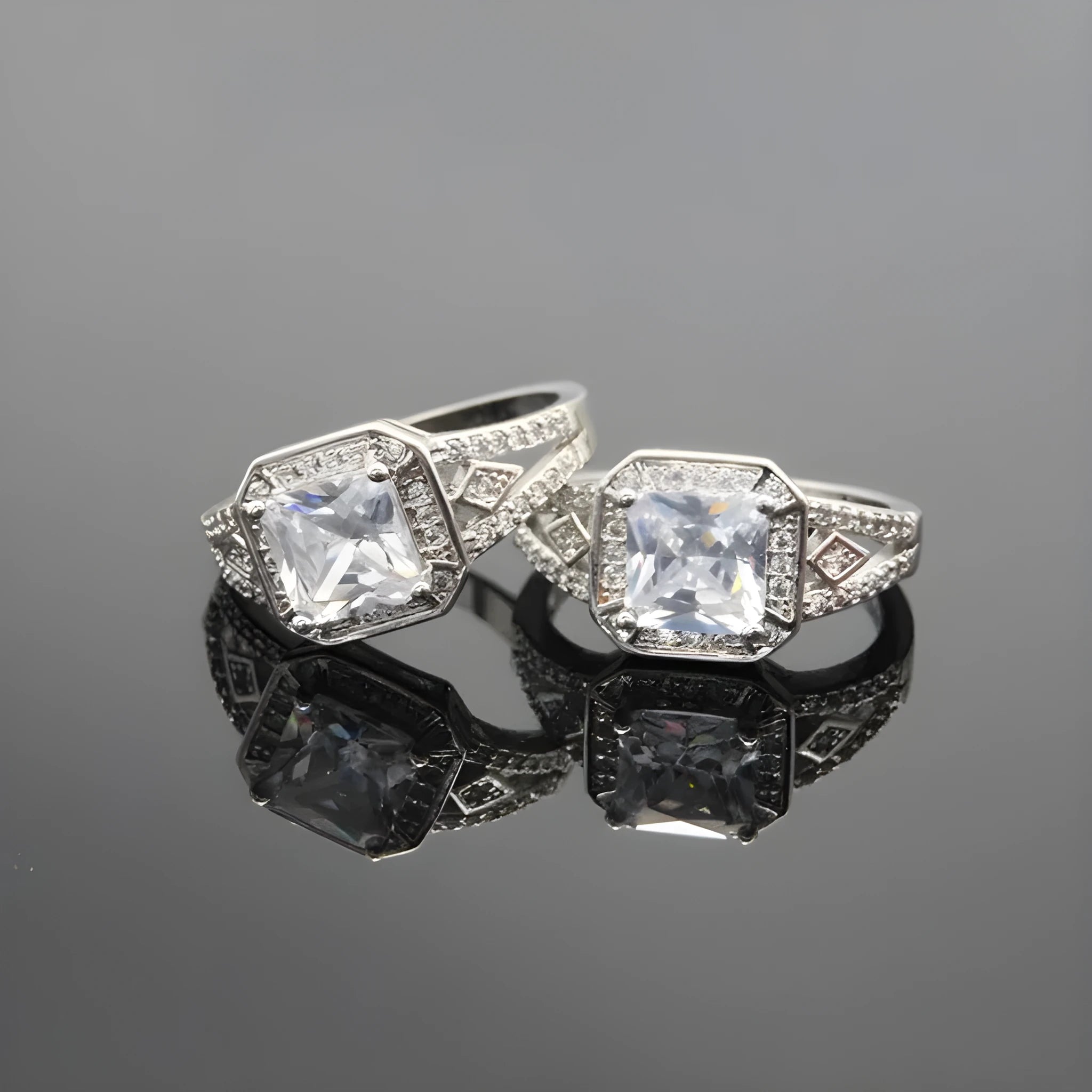 Geometric hollow design zircon ring with platinum colour finish on copper band
