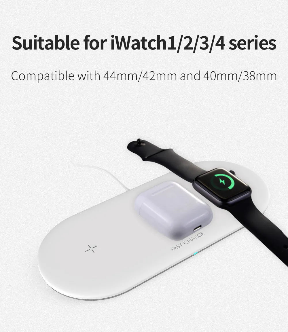 Black 3-in-1 wireless charging station for Apple phones, watches and earbuds on desk