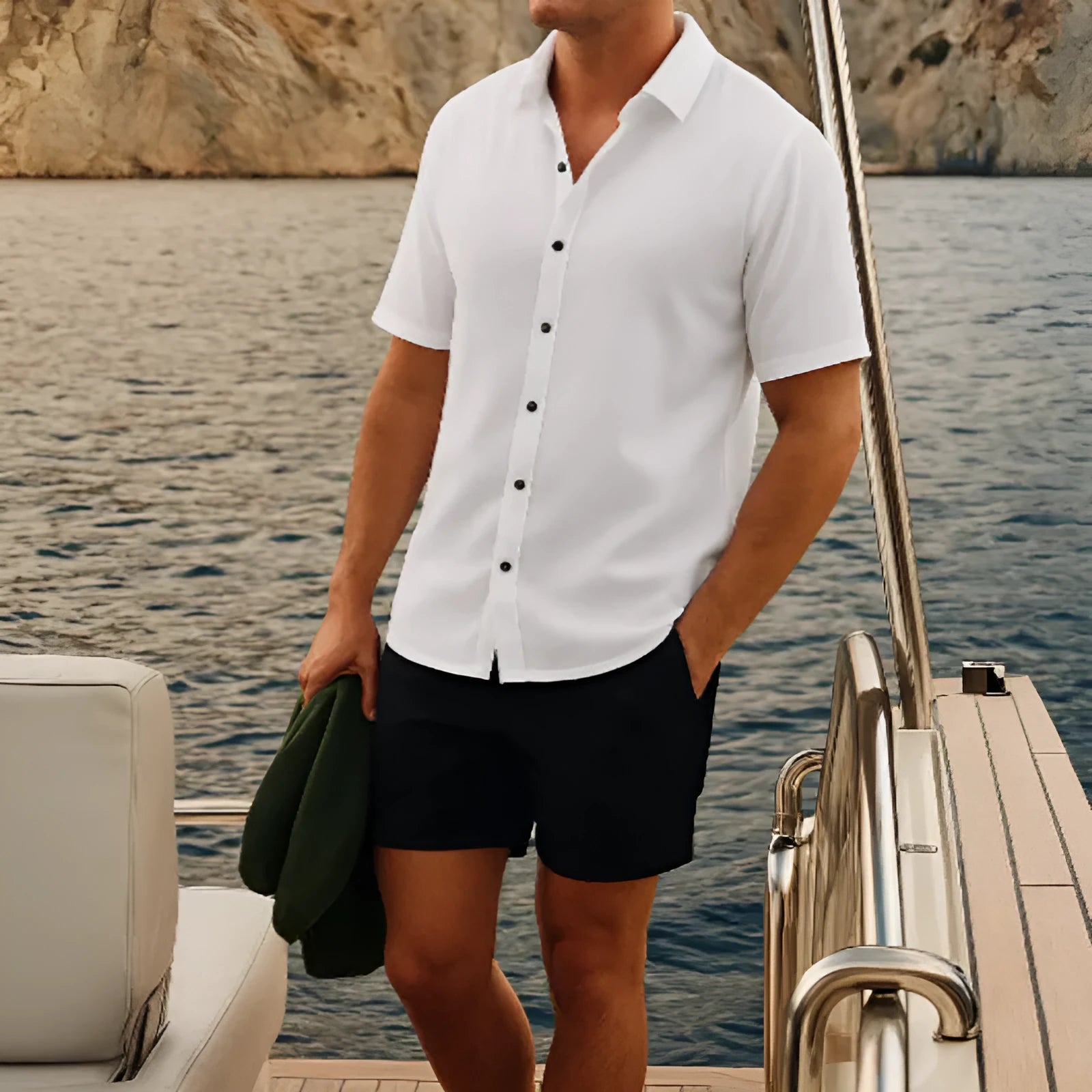 Men's grey waffle texture short sleeve shirt and shorts set on a hanger.