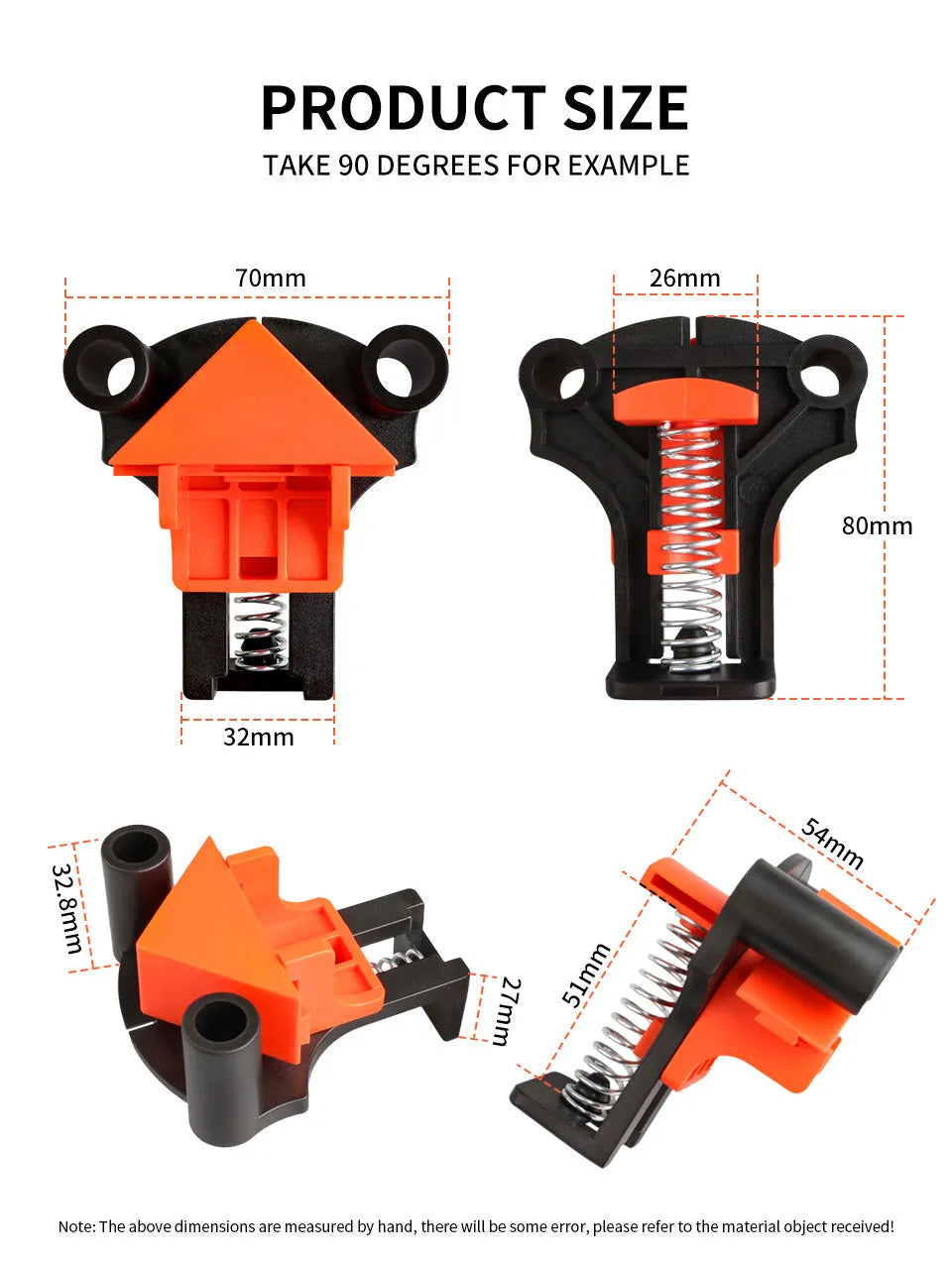 Four plastic 90-degree right angle clips for picture frame assembly and woodworking
