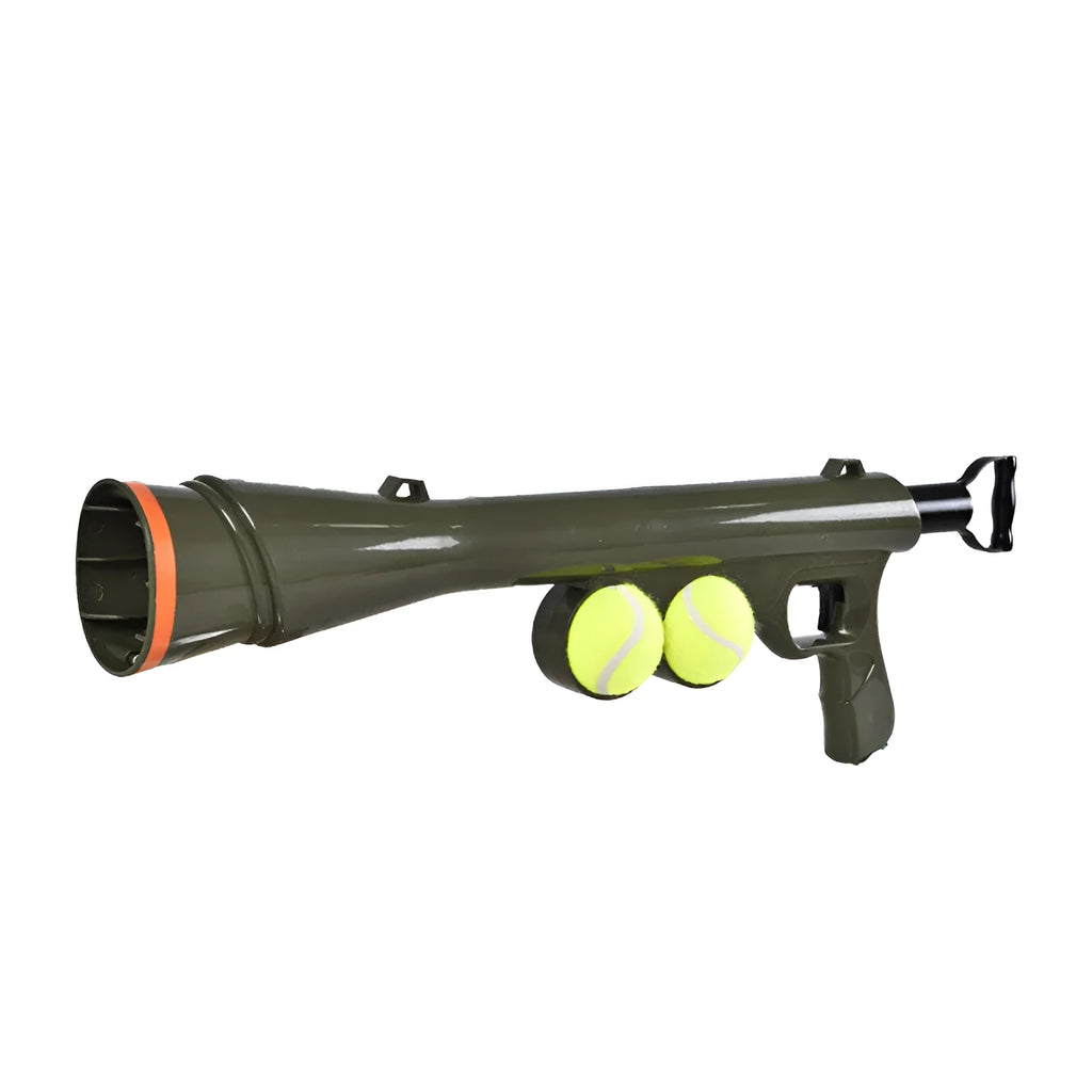 Black ABS tennis ball shooting gun for pets with two signature tennis balls
