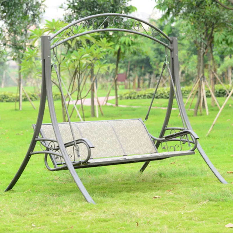 Outdoor three-person alloy steel rocking swing with Teslin mesh backrest and anti-slip feet in rustic colour