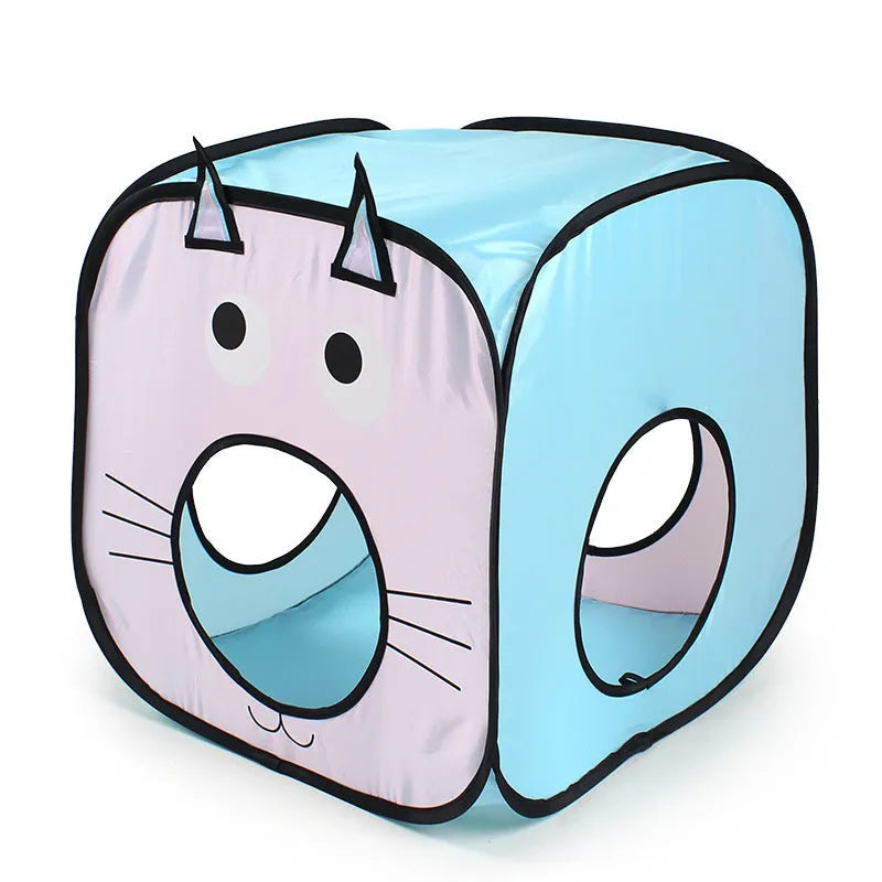 Foldable grey cat tent connected to a tunnel, featuring a cat and fish print design.