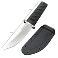 Mini fixed blade knife with 440C steel blade and ABS handle on a wooden surface