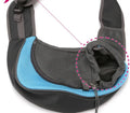 Blue pet backpack for small dogs showing size dimensions and carrying straps.