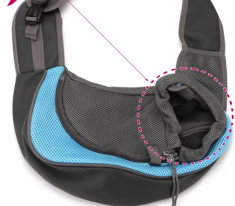 Blue pet backpack for small dogs showing size dimensions and carrying straps.