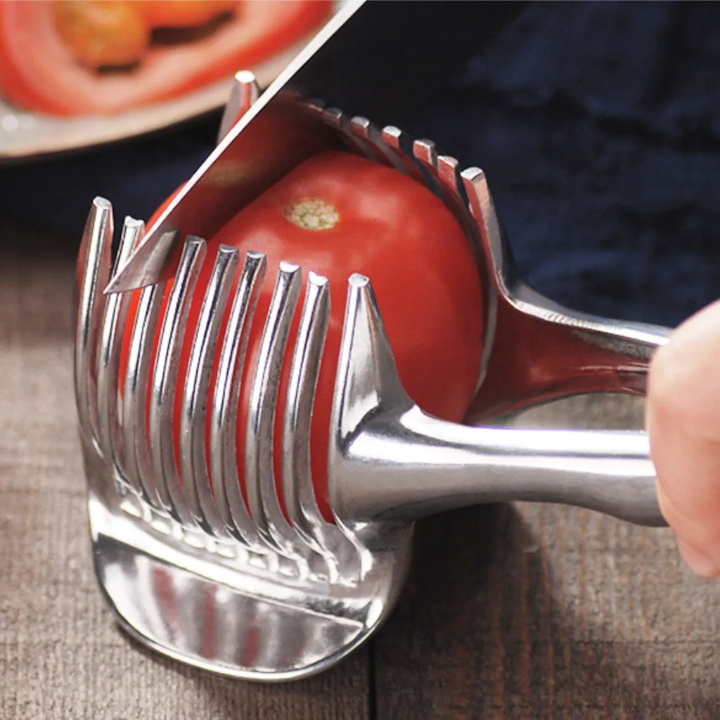 Silver plastic lemon slicer kitchen gadget with ergonomic handles for cutting citrus fruits