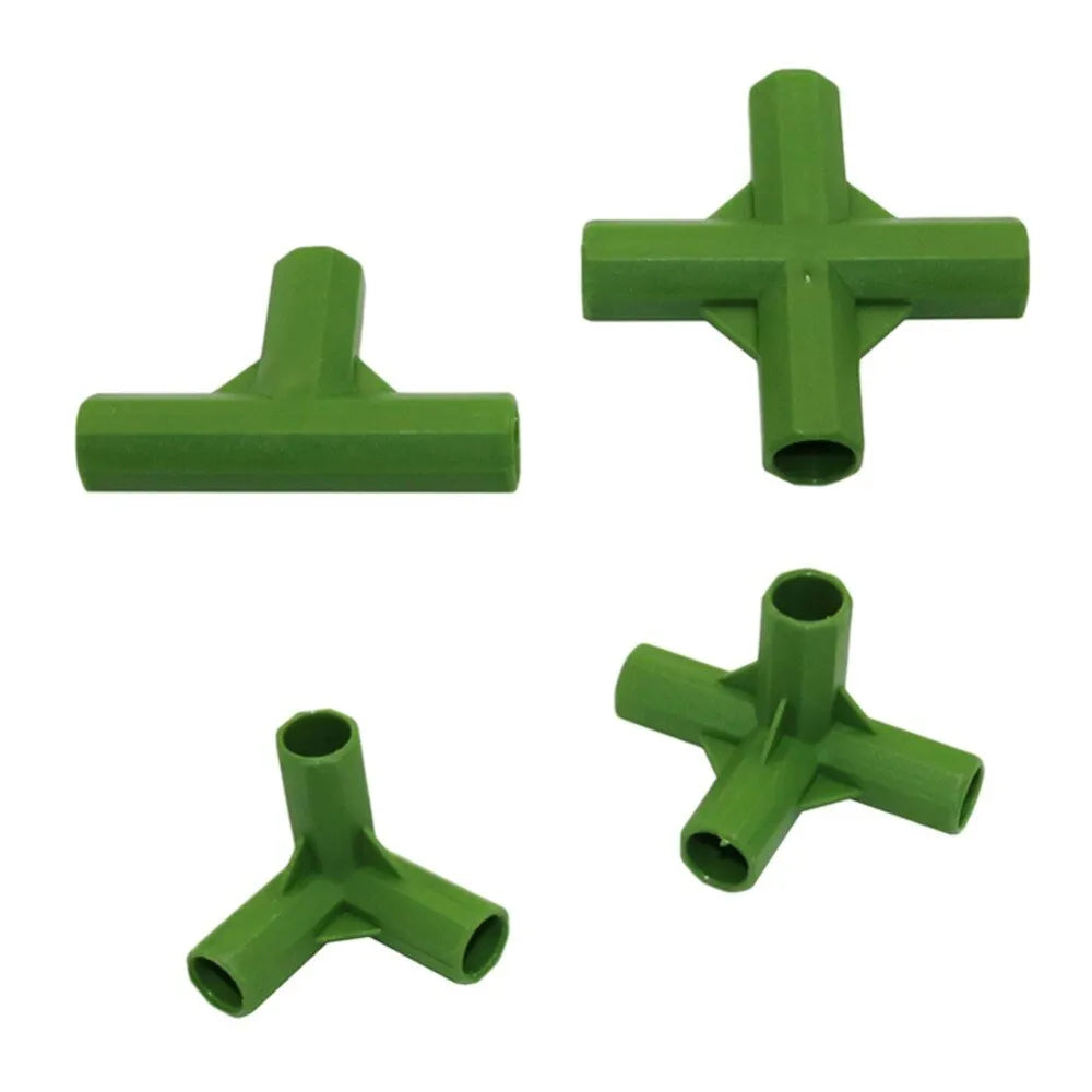 Two white PP plastic garden stake connector clips showing 3-way and 4-way joints for 11mm poles.