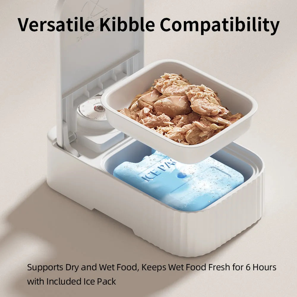 White pet automatic feeder with timer display and removable ice crystal cooling box underneath.