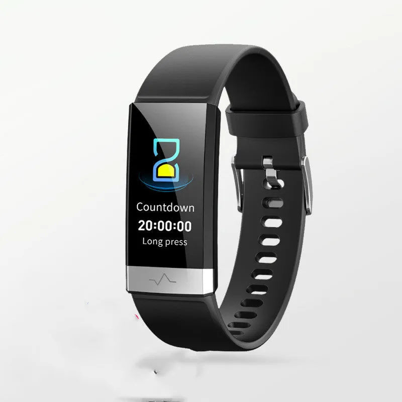 V19 smart fitness bracelet with ECG SpO2 monitoring display showing health metrics