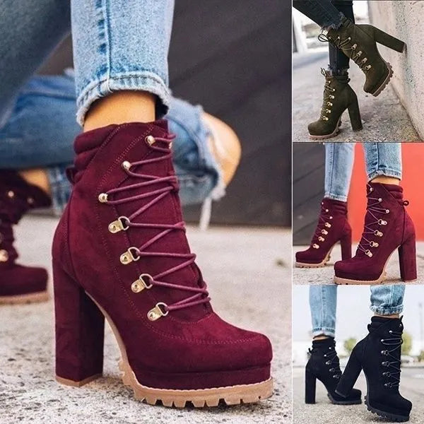 Women's suede high-heel boots in army green with thick heel, round toe, and belt buckle