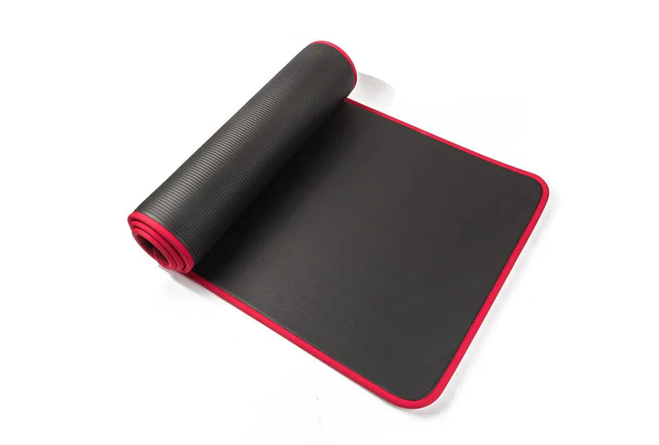Female universal sports yoga mat in black, 10mm thick NBR foam, 183x61cm, with tied rope net bag