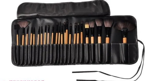 24 professional makeup brushes with wooden handles in a gift bag including eyebrow, foundation and powder brushes