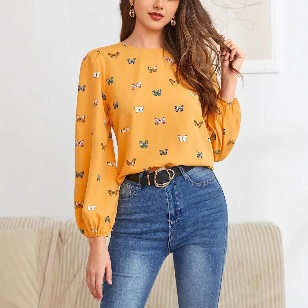 Women's long-sleeved butterfly print shirt in loose fit green or orange