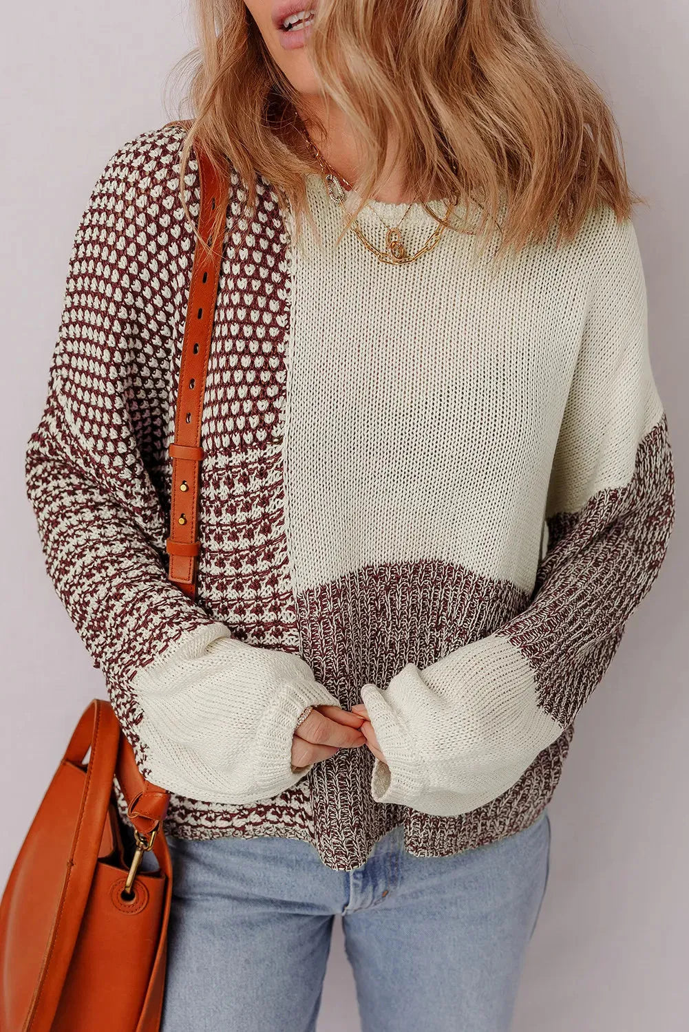 Dark khaki colour block loose sweater with long sleeves and a back tie fastening