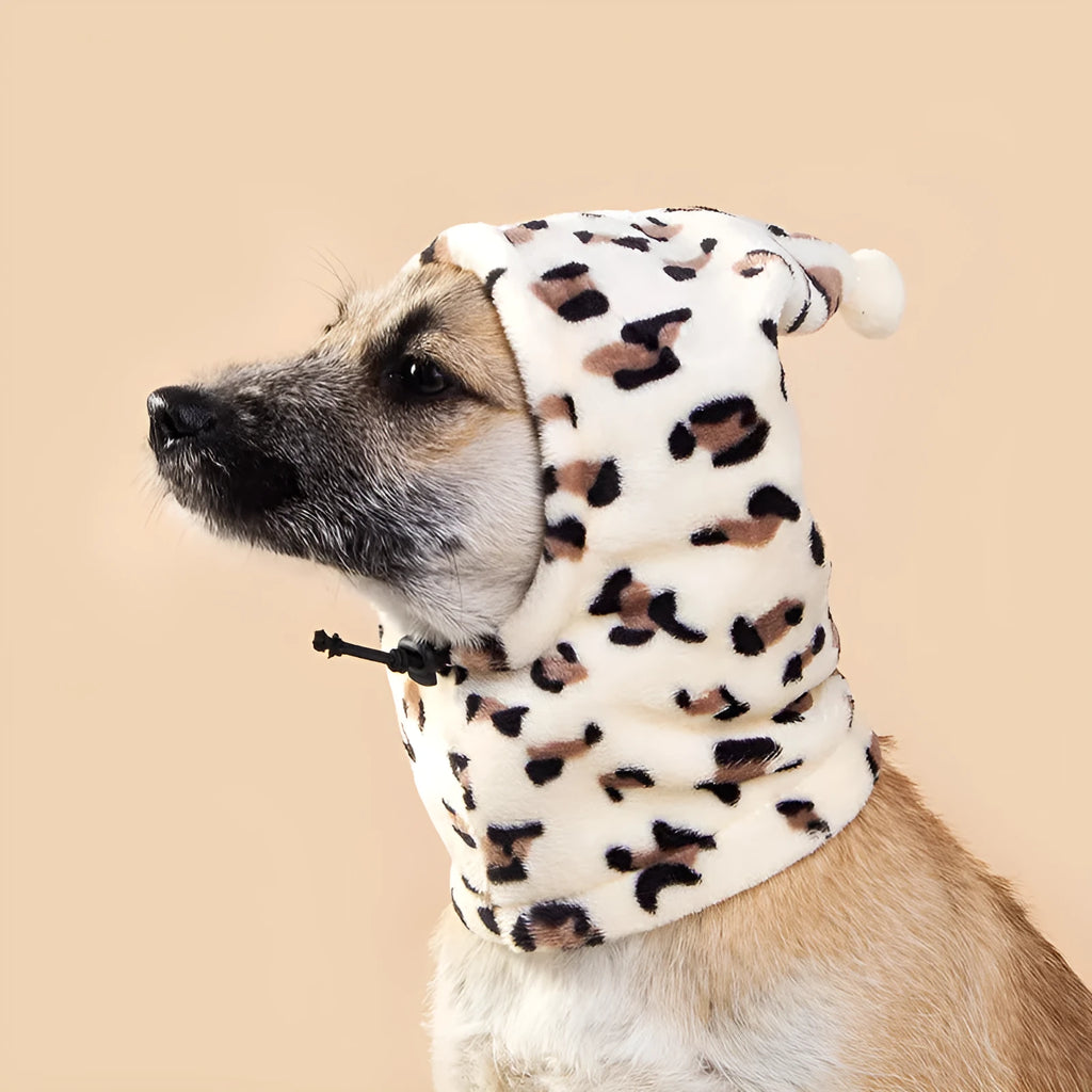 Bear headdress with rabbit ears pet hat in leopard print, black, or red cloth for dogs and cats.