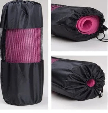 Female universal sports yoga mat in black, 10mm thick NBR foam, 183x61cm, with tied rope net bag