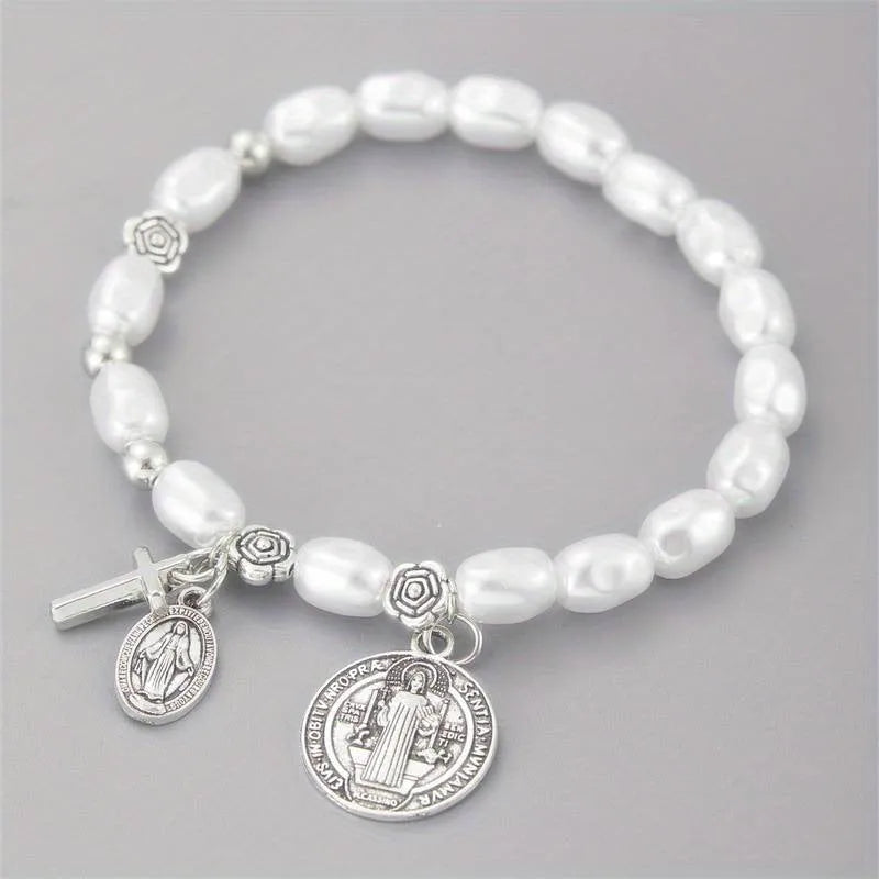Silver electroplated metal beaded flower bracelet for women, retro style.