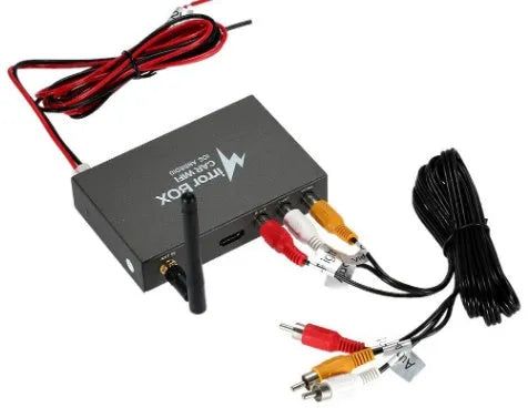 Black car mirror link box with Wi-Fi antenna for smartphone screen mirroring to vehicle display