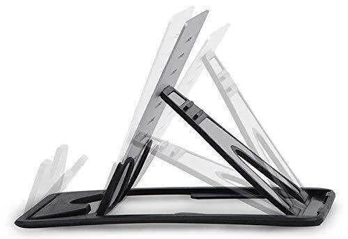 Black card phone holder bracket measuring 8.5cm by 5cm on desktop