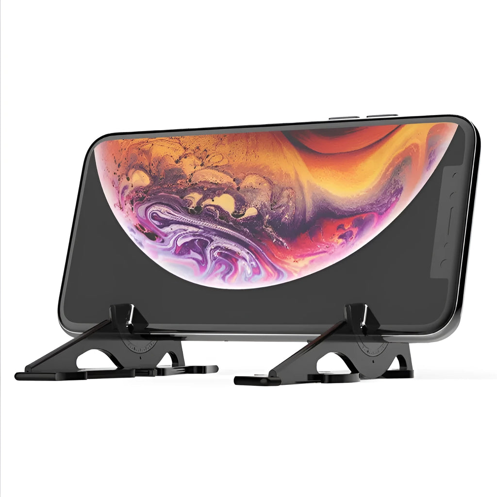 A black plastic card-shaped mobile phone holder with a lazy bracket design on a desktop.